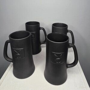 Playboy Embossed Bunny Logo Stein Tankard Matte Black Glass Lot of Four